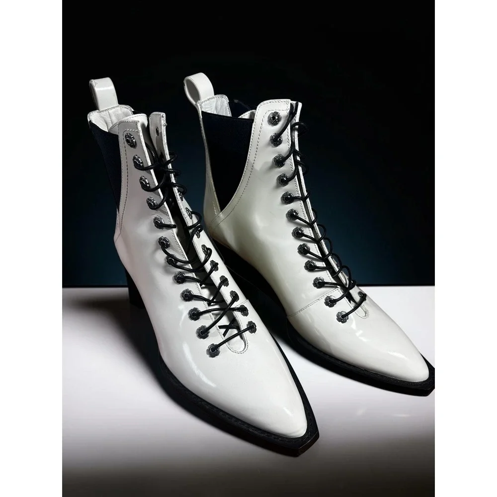 COACH G2727 White Patent Leather Lace Up Pointed Toe Ankle Boots Womens 6.5B
